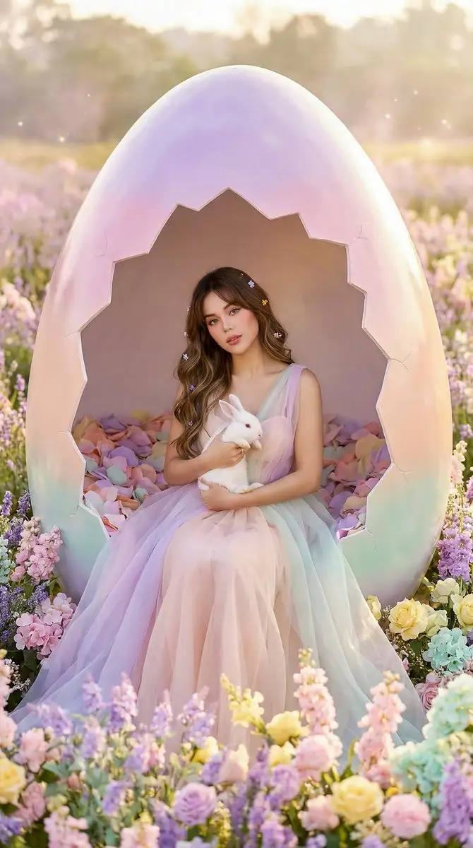 梦幻复活节彩蛋肖像与柔和花朵