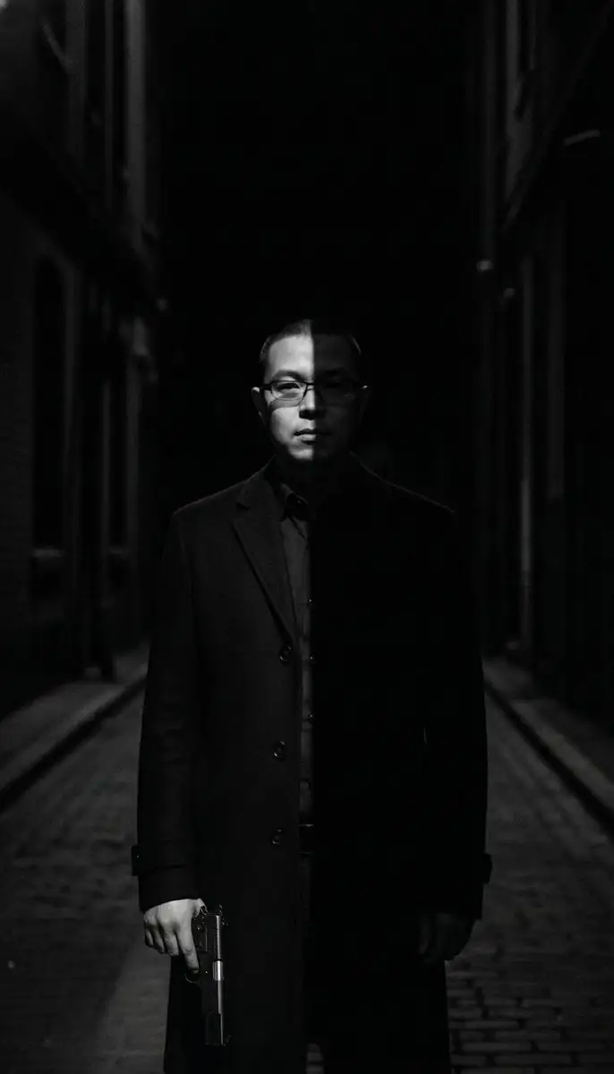 昏暗小巷中的严肃男子,黑色电影风格