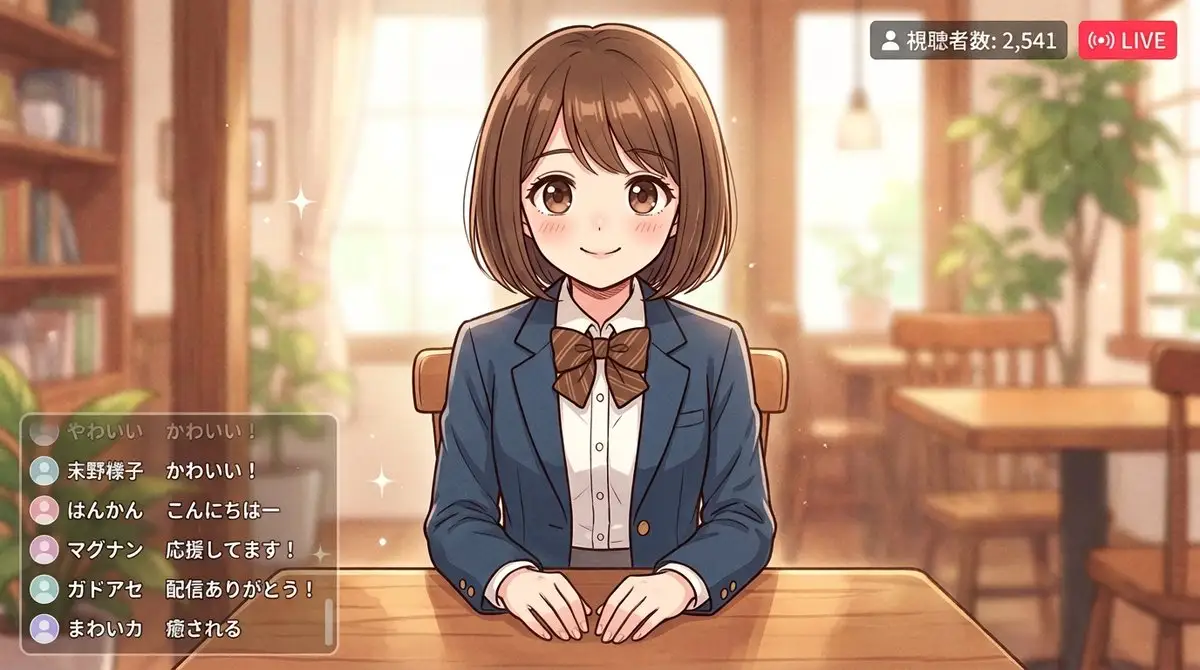 咖啡馆里的可爱动漫女孩与直播界面