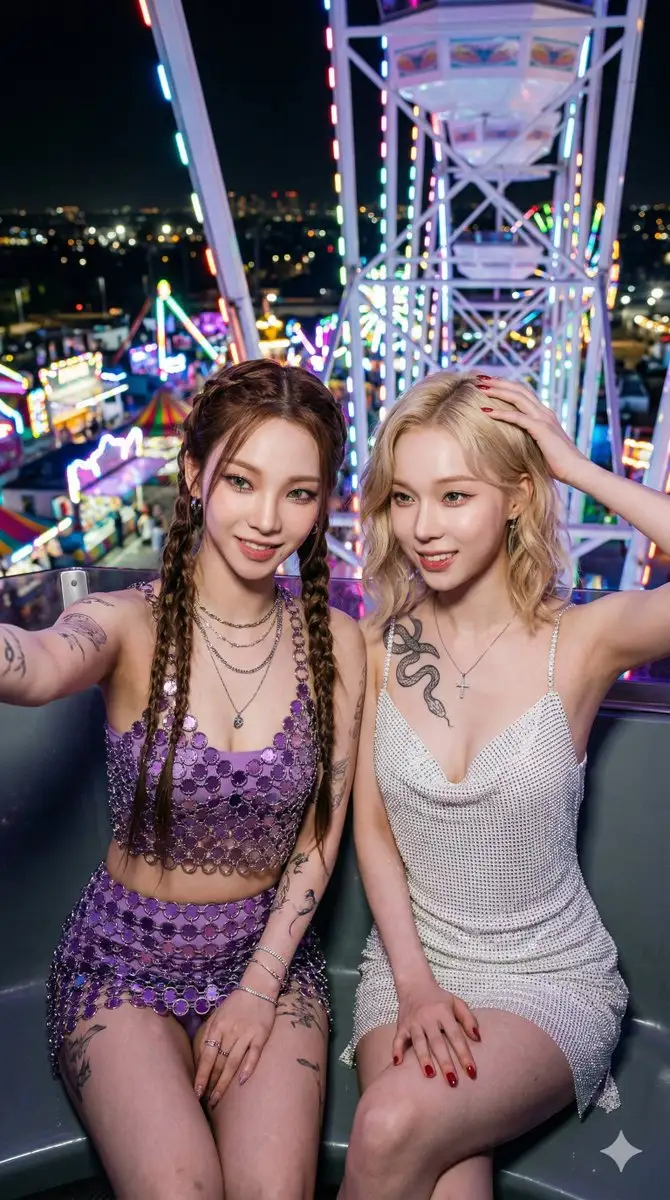 K-Pop 明星在夜间摩天轮上自拍