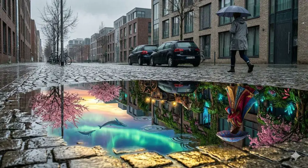 街面积水倒映奇幻平行世界