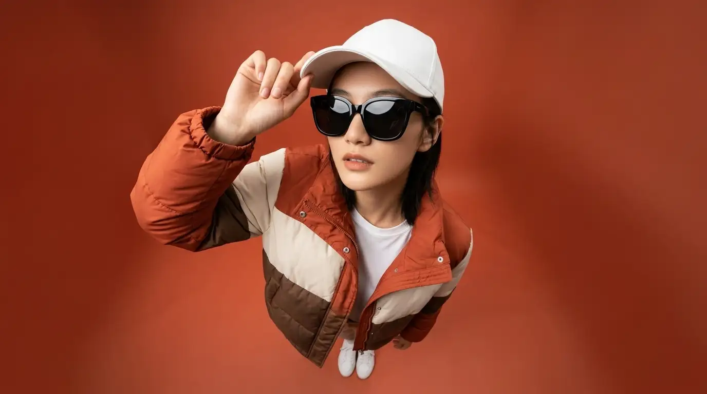 鱼眼人像:撞色羽绒服与俯视视角