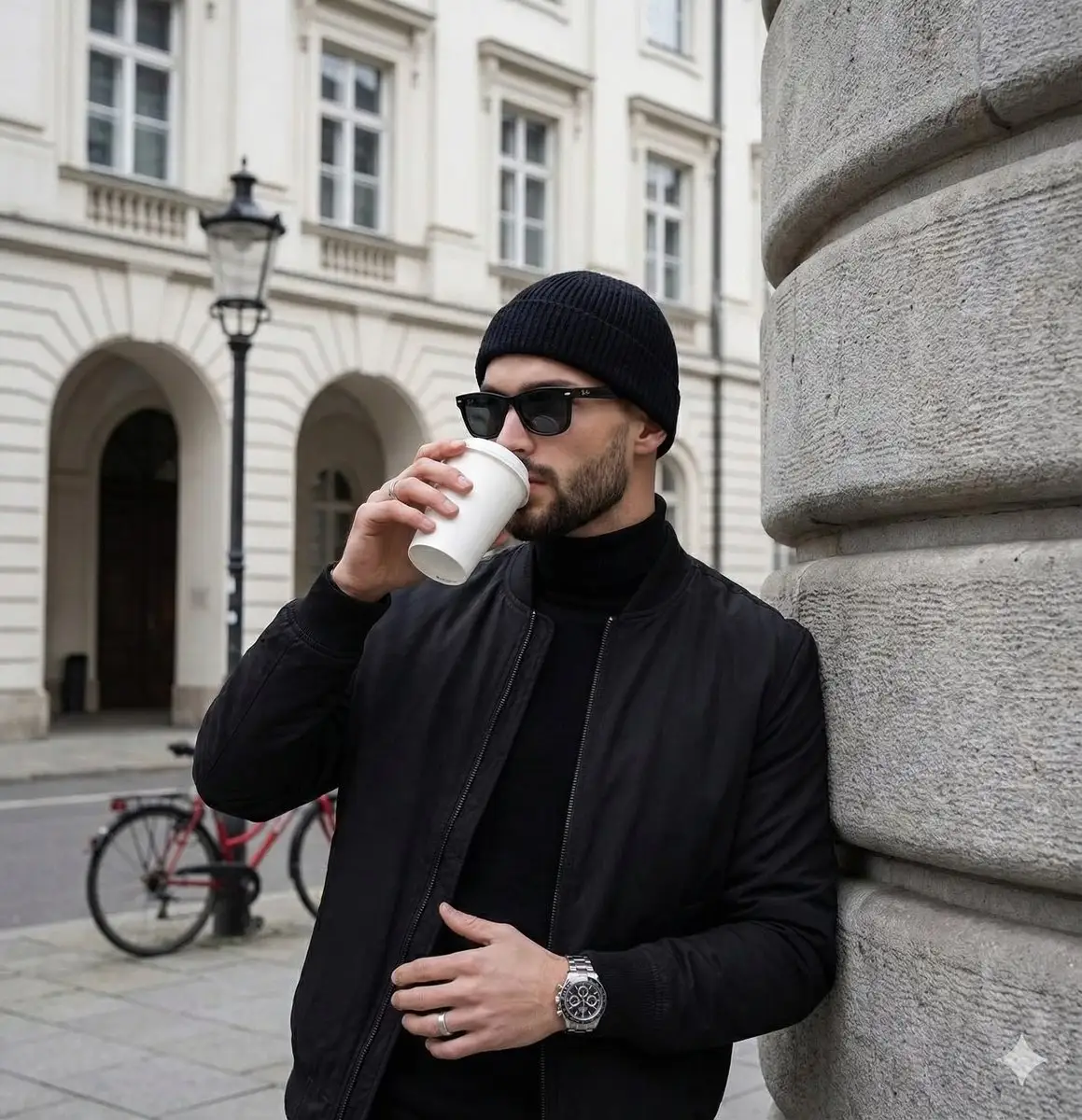 手持咖啡杯的都市街头时尚肖像
