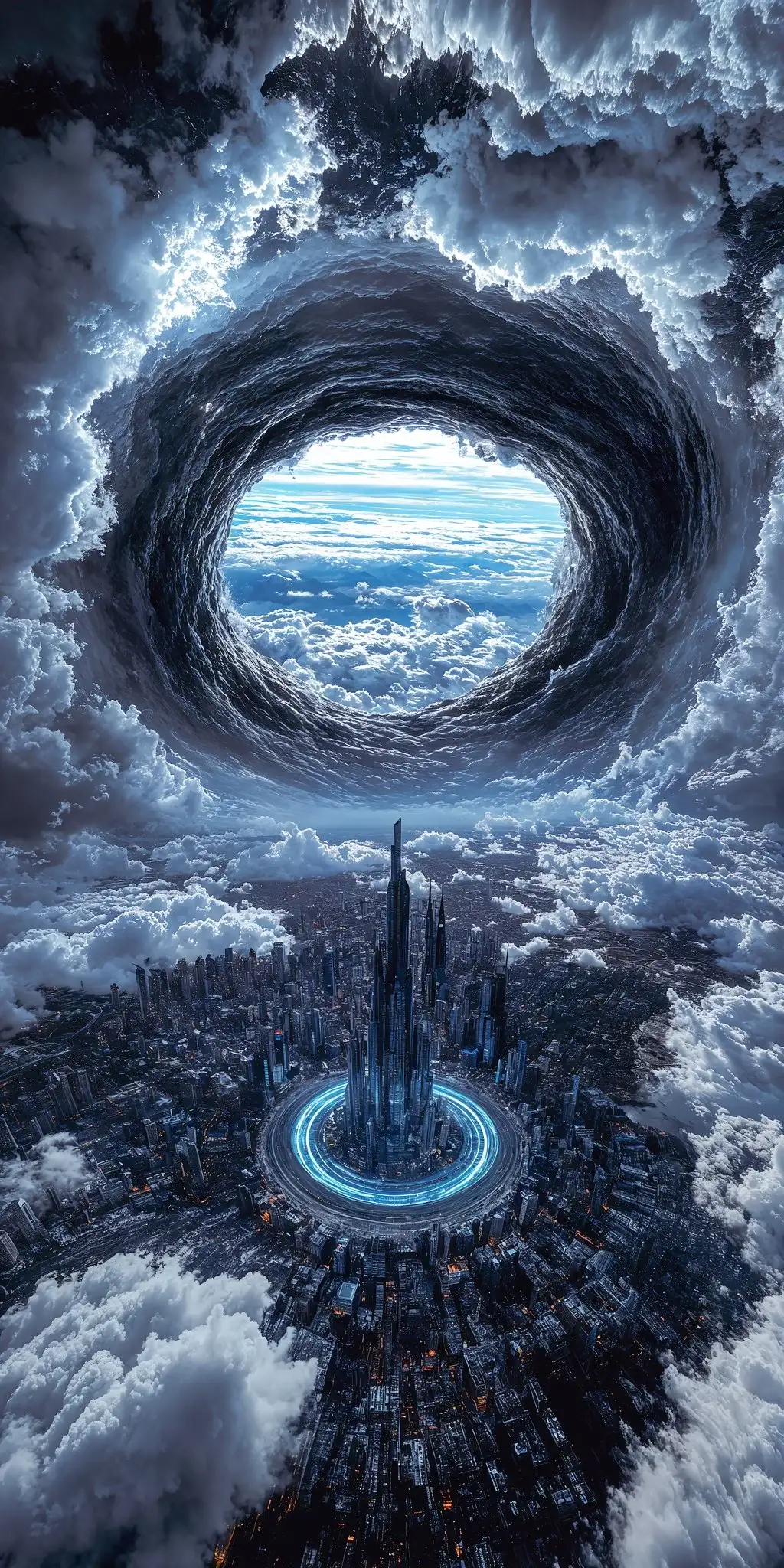 未来城市上空的螺旋漩涡