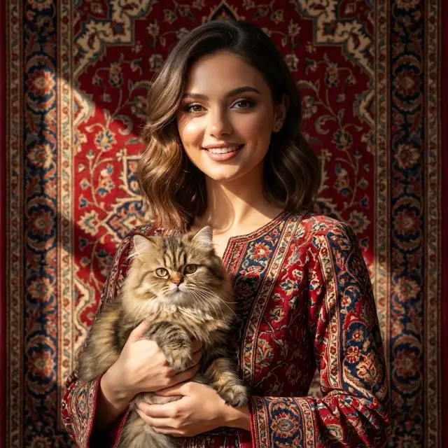 波斯女孩与猫咪肖像,地毯背景