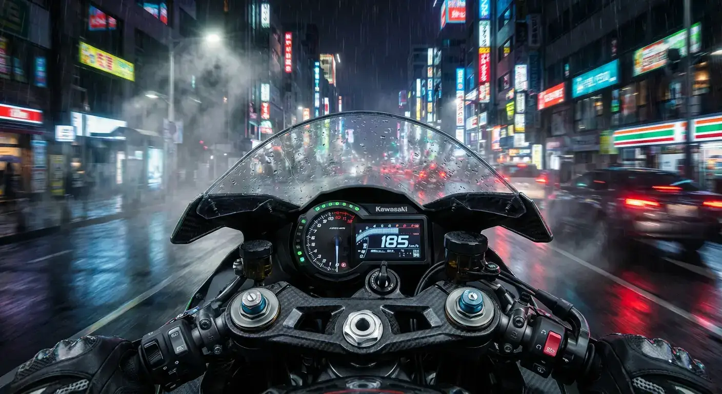 摩托车夜间湿润都市第一视角骑行