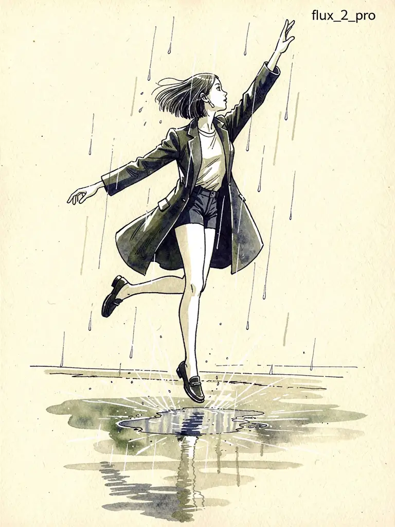 雨夜女子跳水坑,水彩墨迹