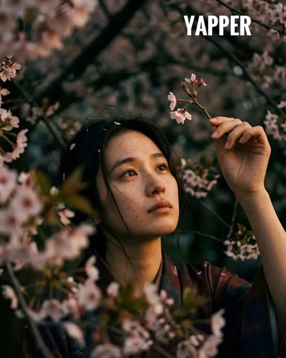 樱花树下身着和服的忧郁女子
