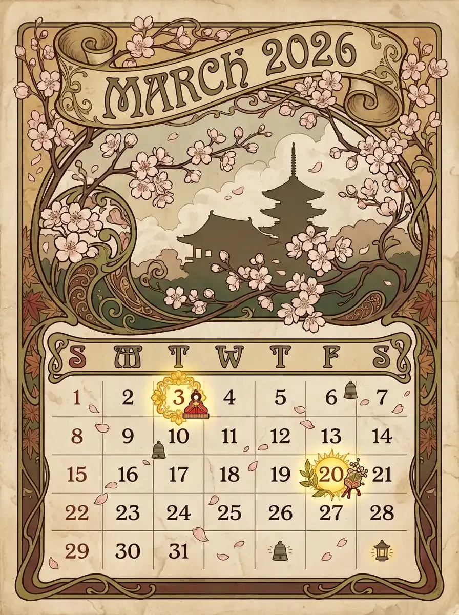 新艺术运动复古日历插画:日本樱花2026年3月配京都寺庙