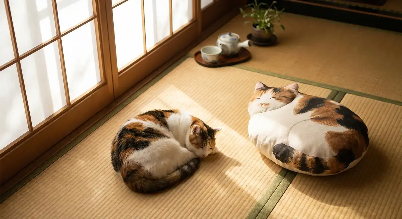 圆润日本短尾猫与配套猫形坐垫的同款躺姿