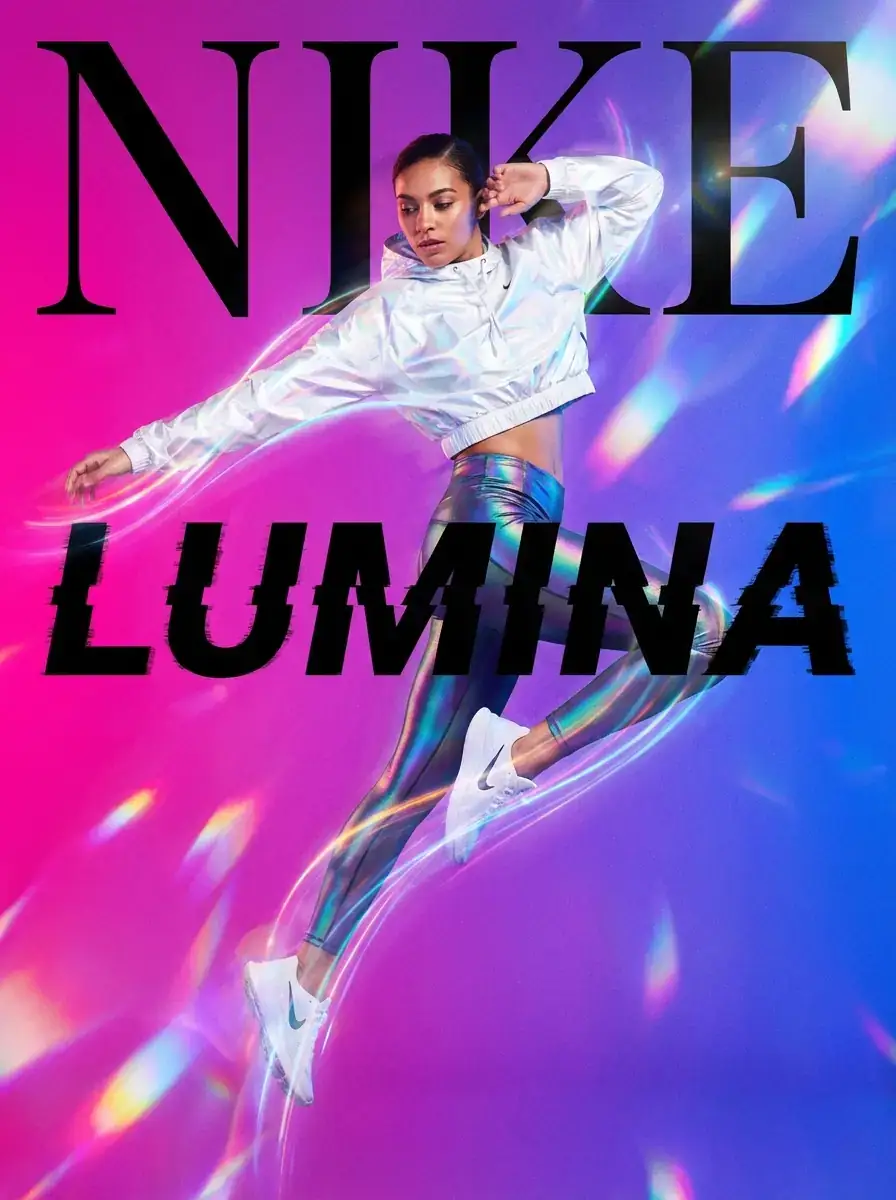 Nike Lumina:带超写实模特和棱镜渐变背景的动态时尚广告