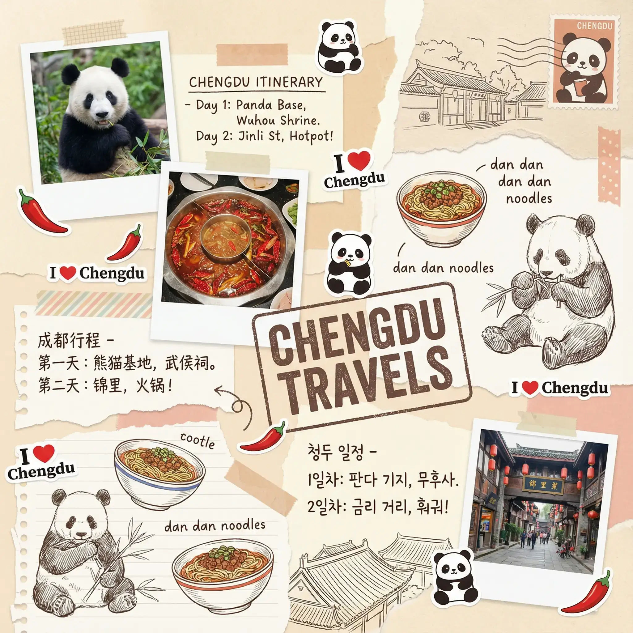 多语言旅行日记剪贴簿:成都之旅记忆拼贴