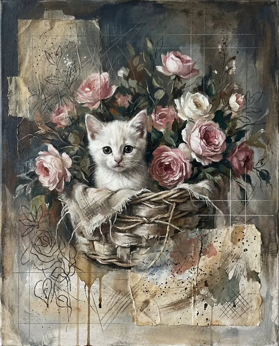 玫瑰花篮里的小猫,绘画风格