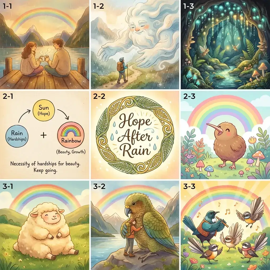 雨后的希望:多种画风组合的 3x3 宫格插画拼图