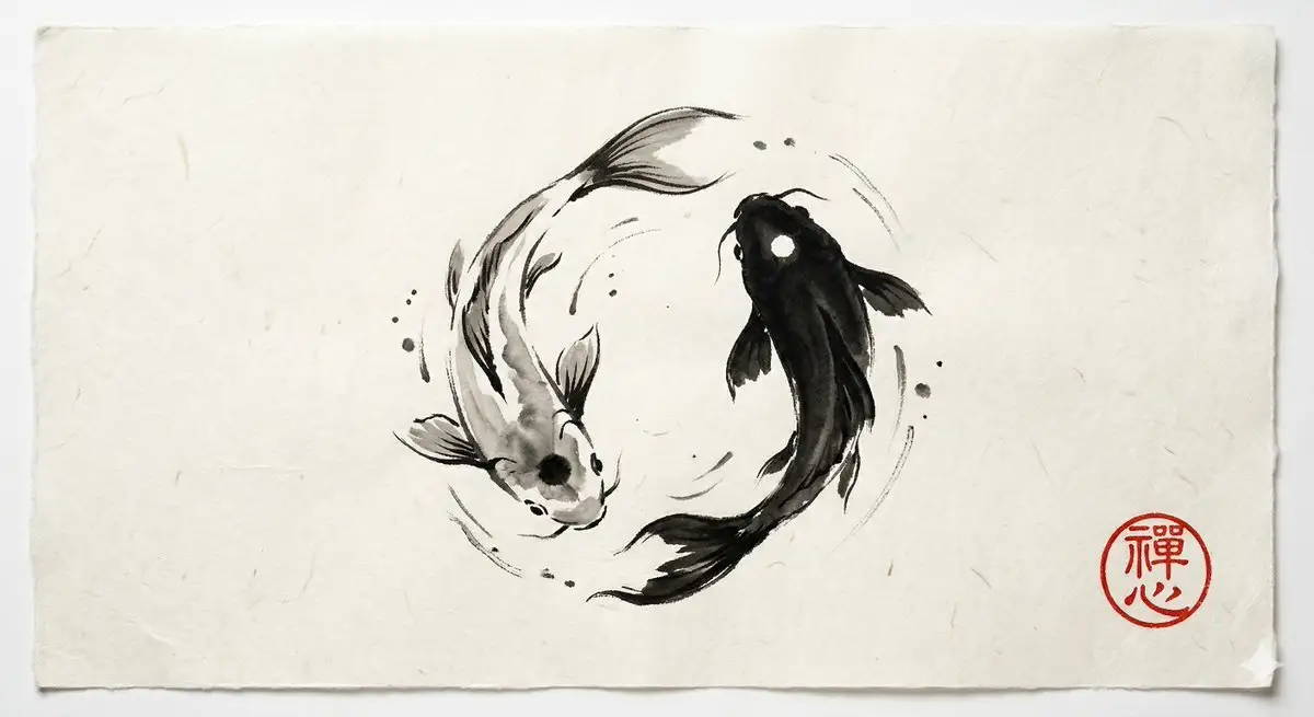 水墨画:阴阳锦鲤