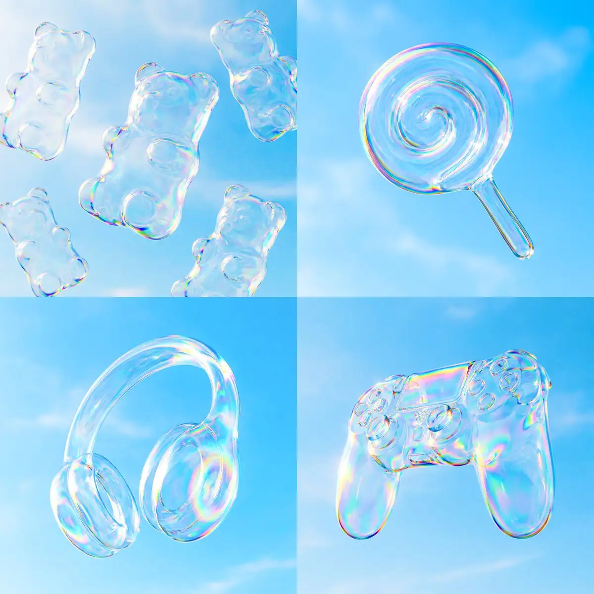 漂浮的肥皂泡物体,带有虹彩反射