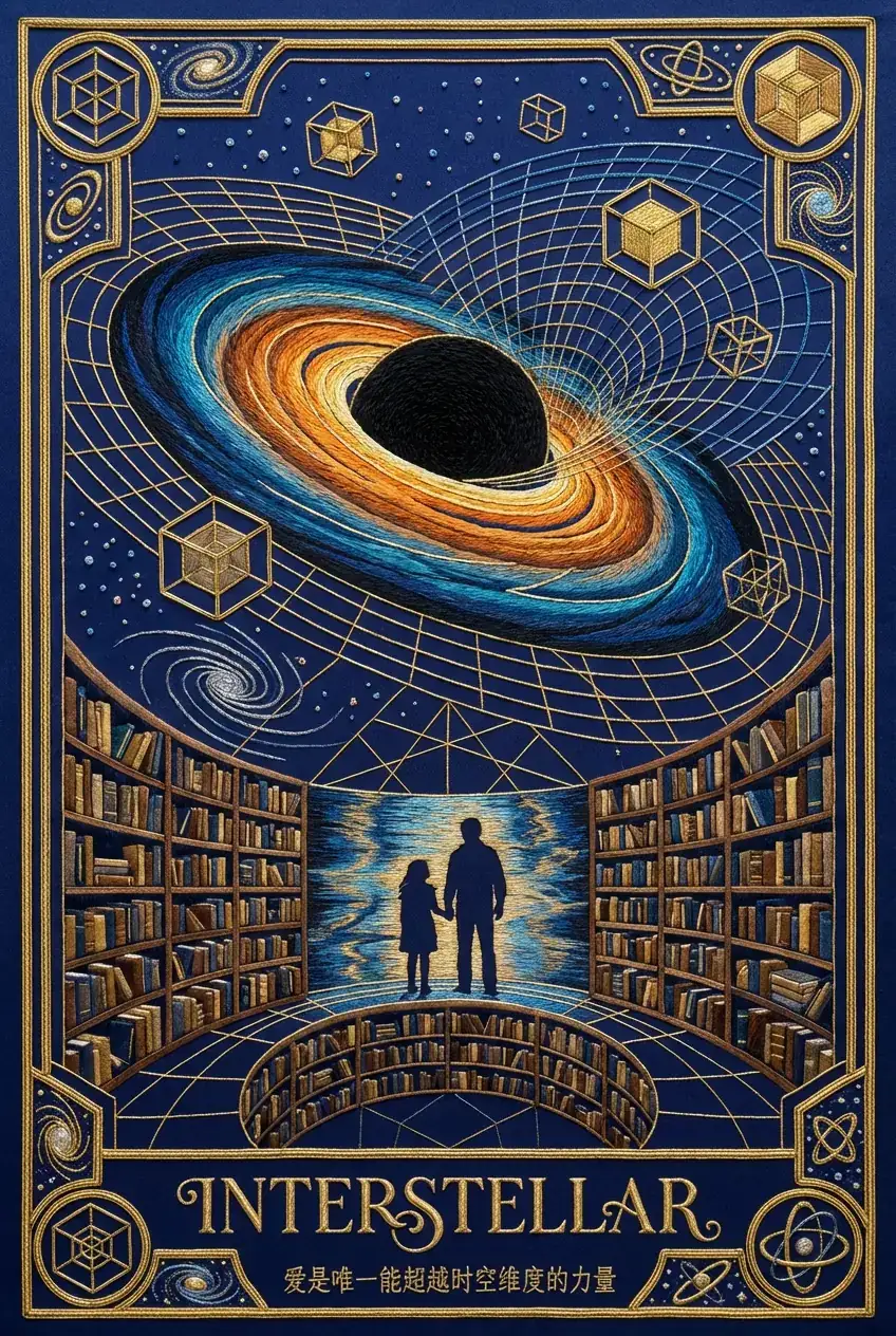 星际穿越电影丝绸刺绣艺术:卡冈图雅黑洞与超立方体图书馆场景