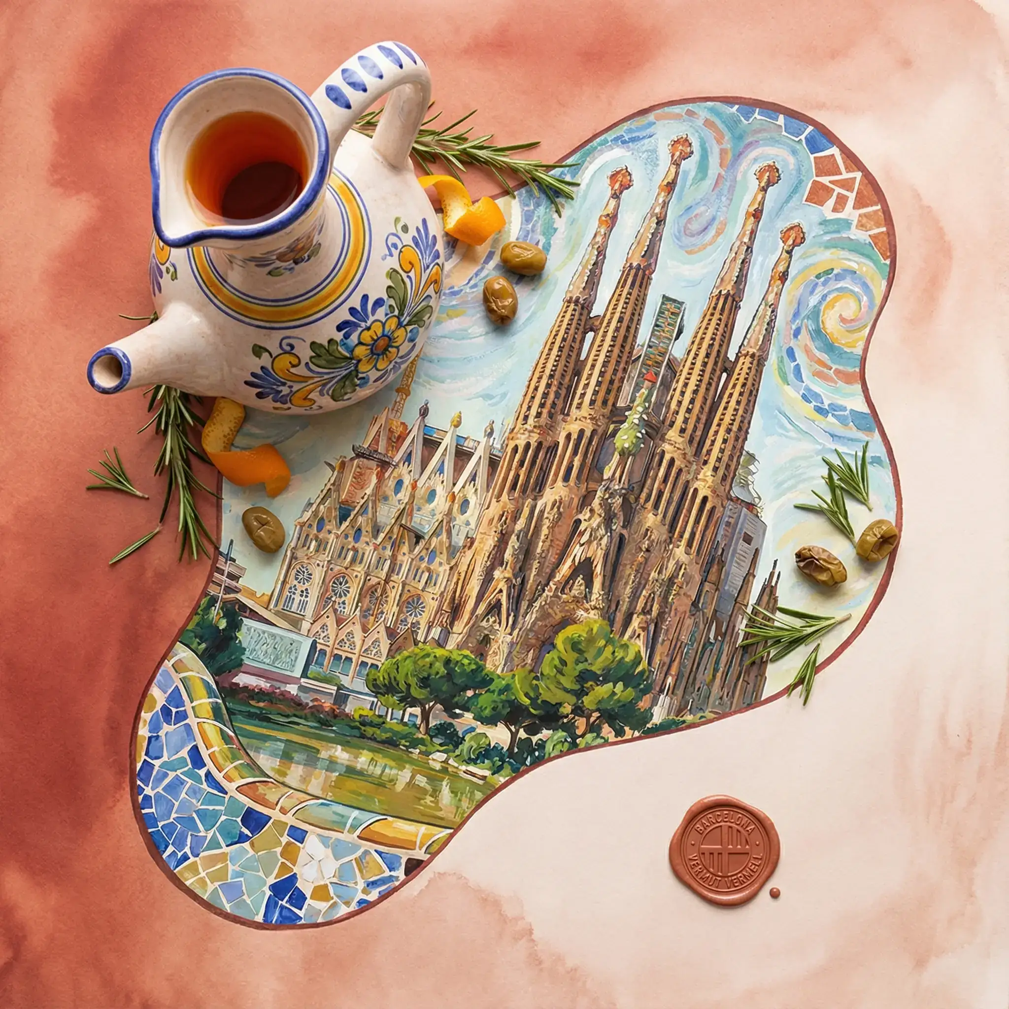 带有地域绘画风格插画构图和文化标签的饮品