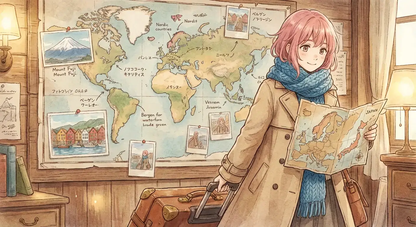 水彩轻小说旅行者:带旅行地图的日式斯堪的纳维亚冒险插画