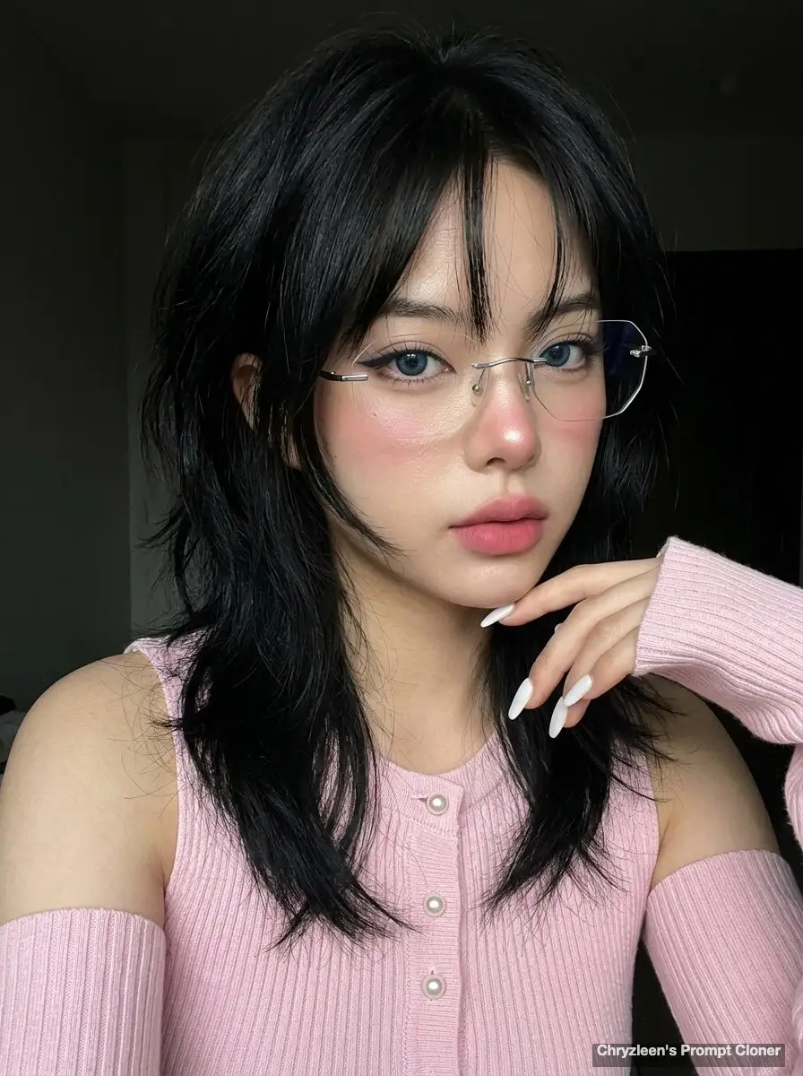 狼尾发型年轻女性的超写实肖像