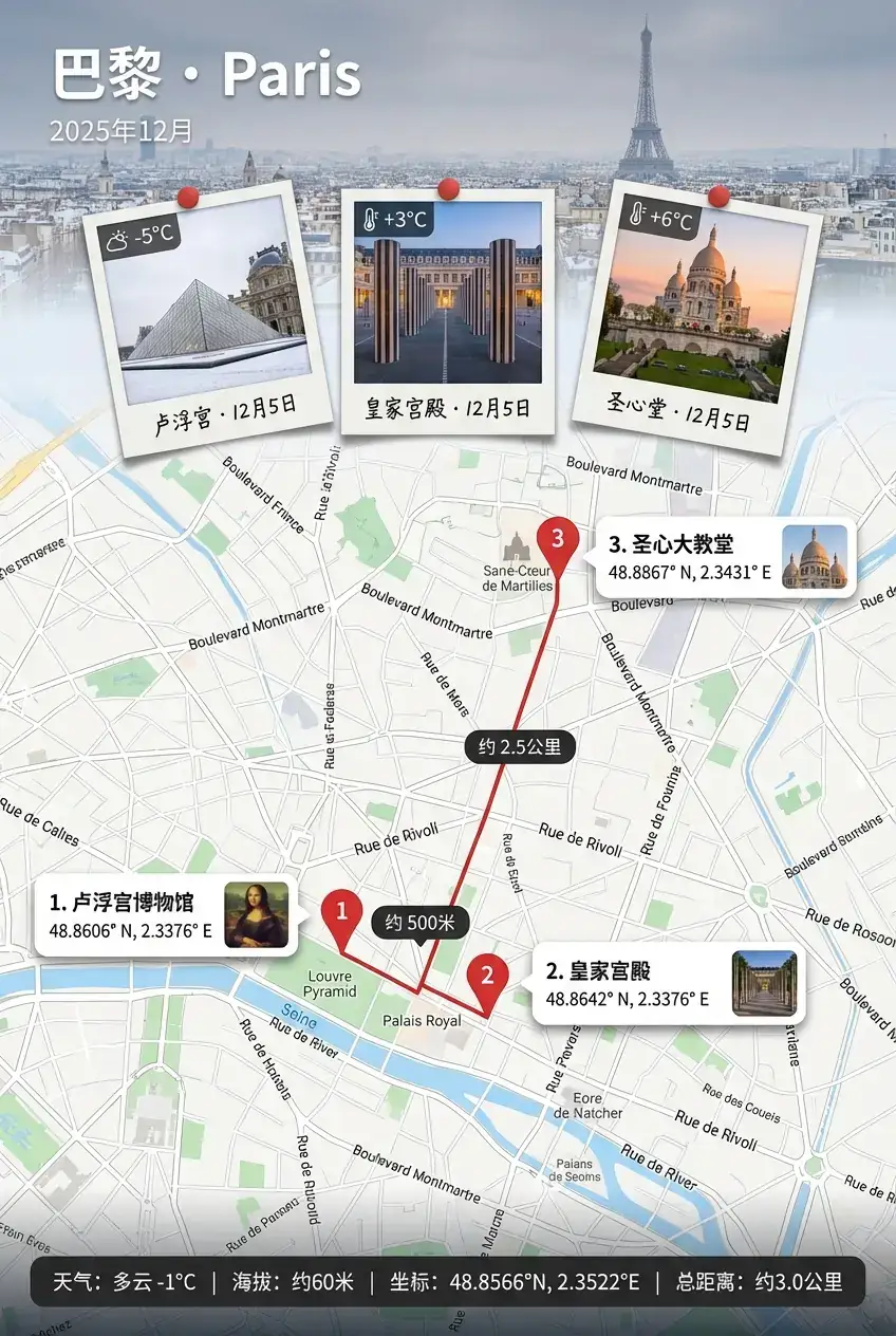 带有地图、宝丽来照片和路线规划的竖版旅行回忆海报