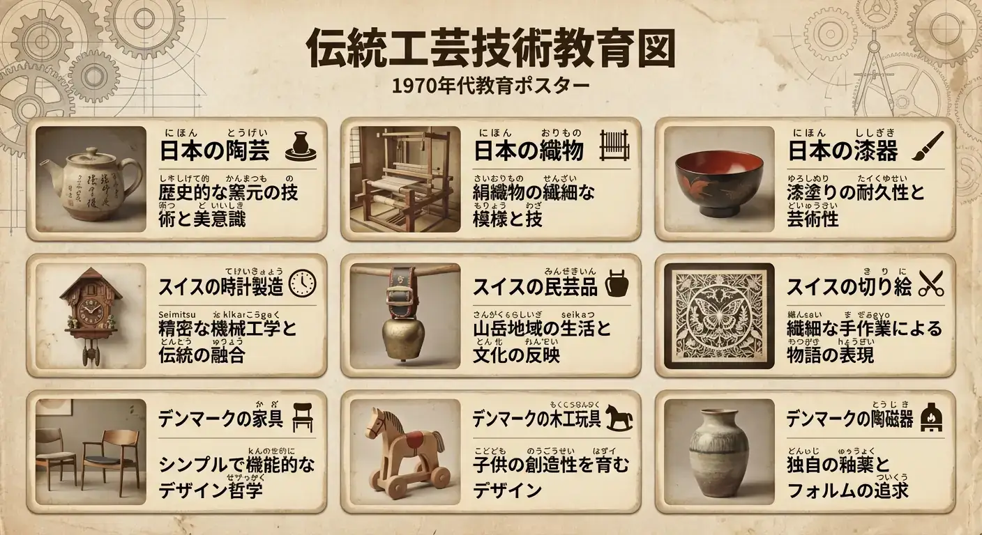 复古1970年代教育图表:日德工程风格技术指南设计