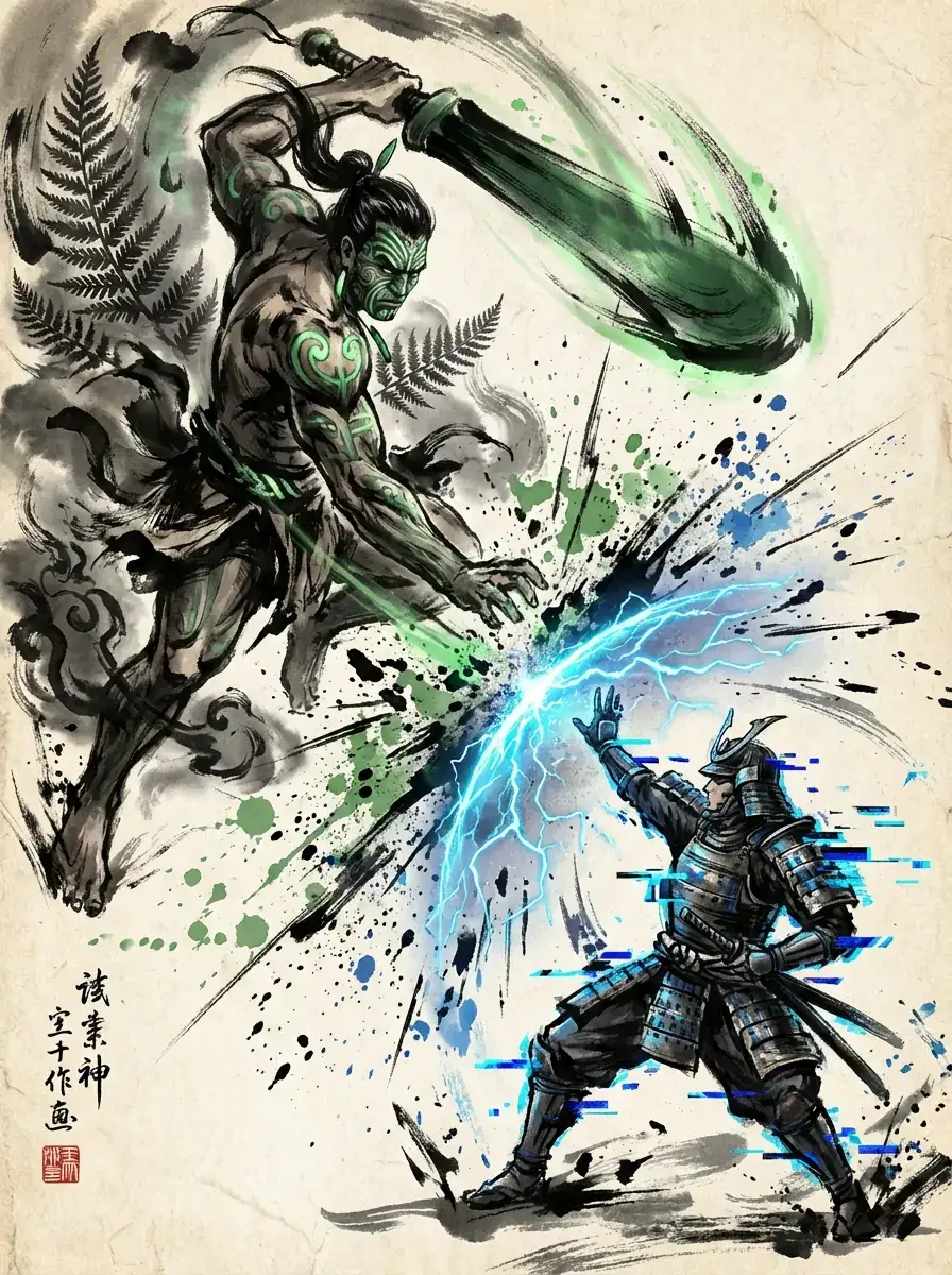 灵魂对决:大写意重彩风格下的毛利战士 vs 赛博武士