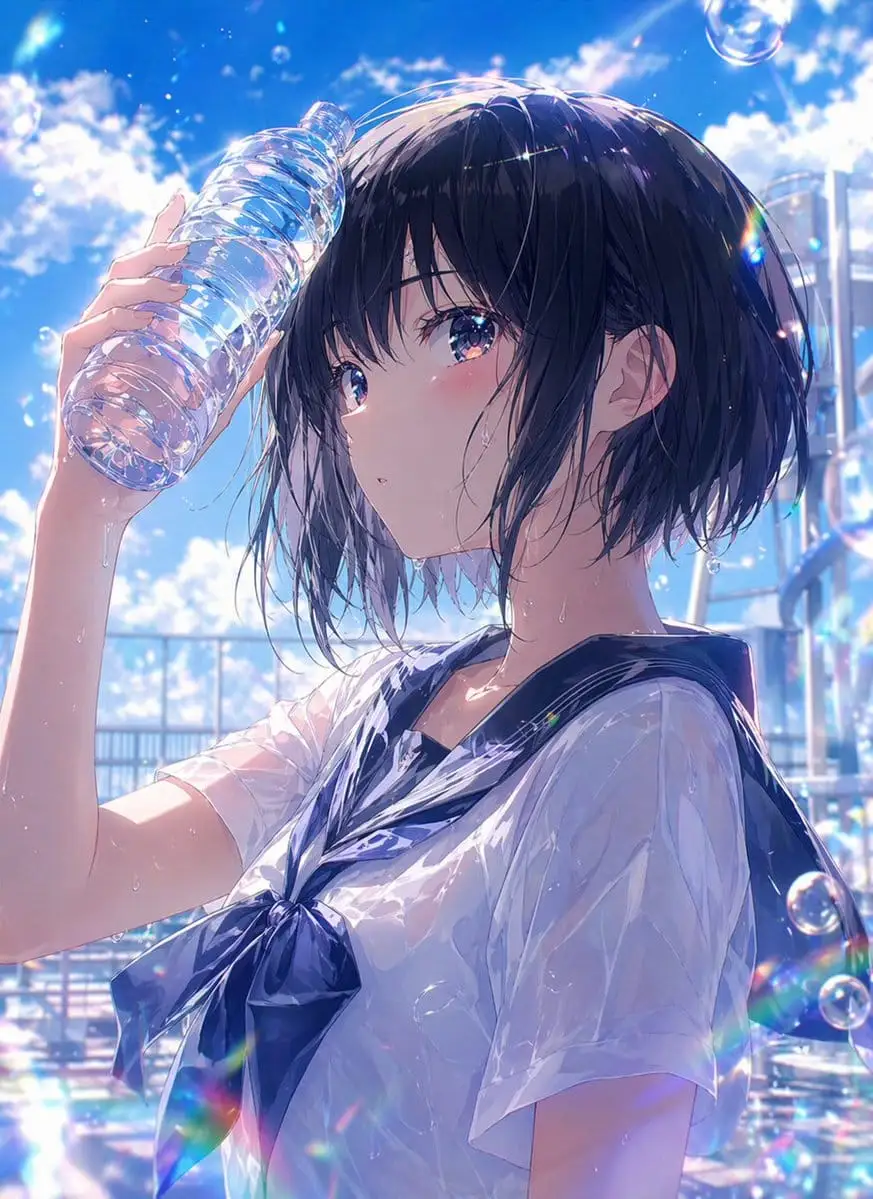 湿润夏日动漫少女肖像 | 水手服JK插画提示词