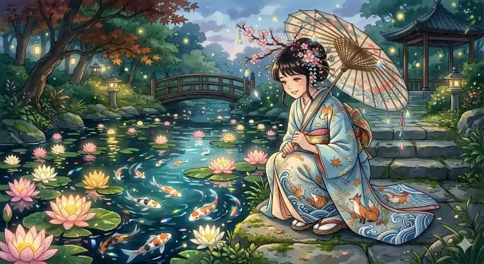 梦幻锦鲤池畔和服女子·东瀛风情插画