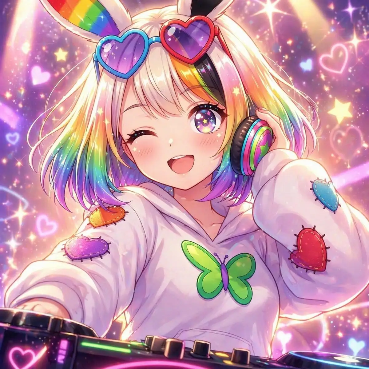 彩虹兔女郎DJ动漫头像:梦幻锐舞风偶像