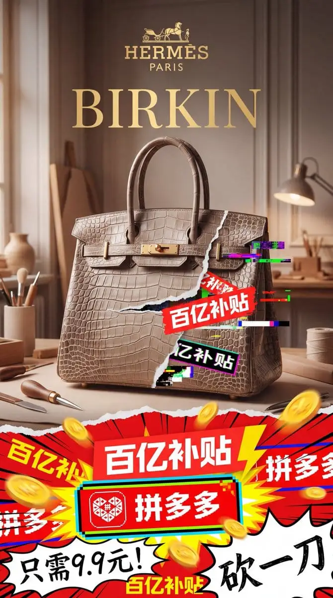 奢侈品牌×拼多多恶搞海报:精英与折扣的激烈碰撞