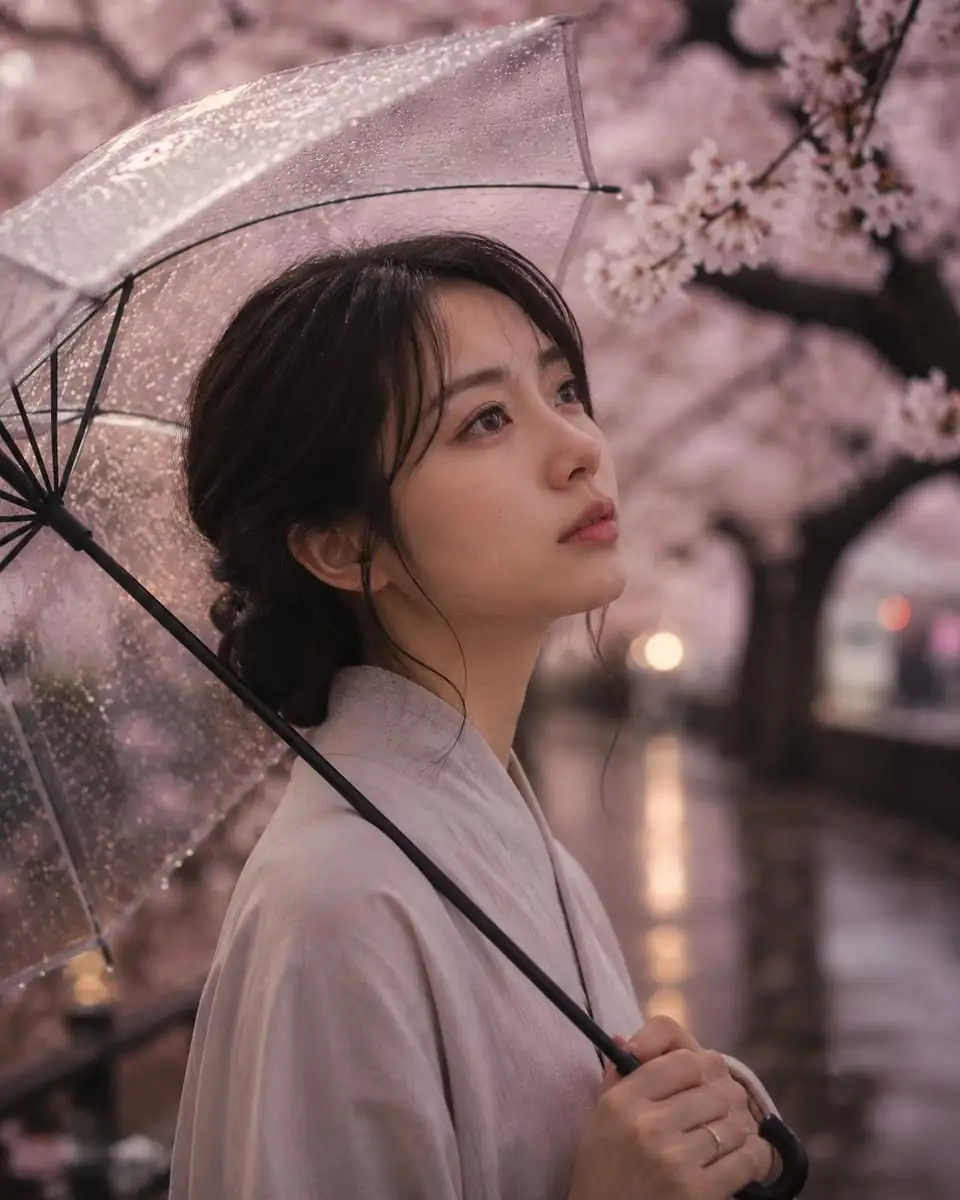 唯美电影感:樱花雨中的日本女子肖像