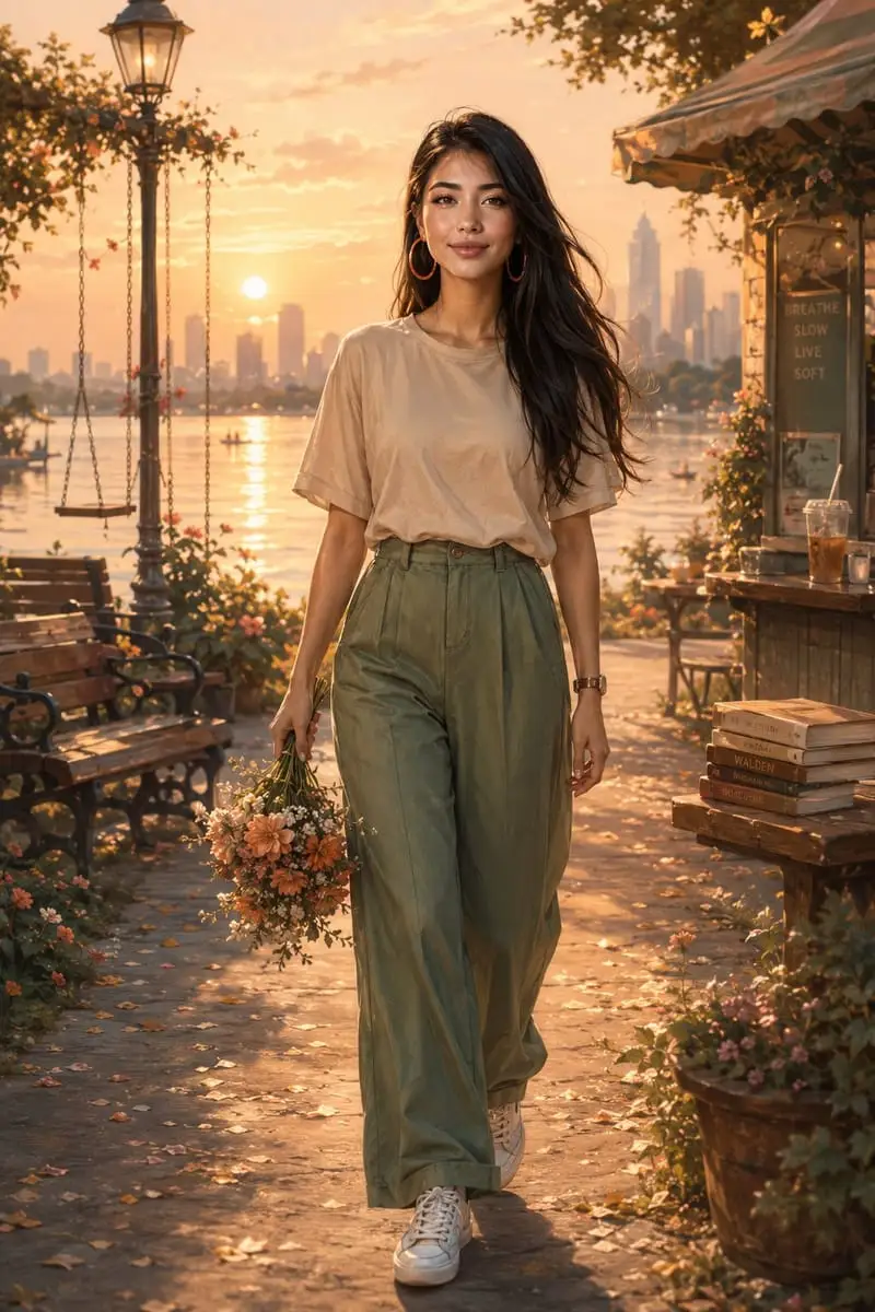 金色湖畔漫步:现代都市少女全身肖像