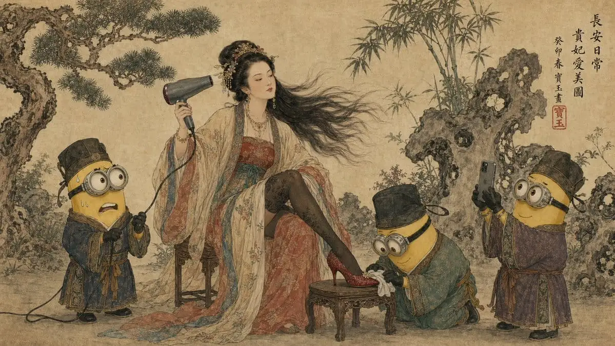 唐朝贵妃与小黄人工笔画·穿越幽默国风