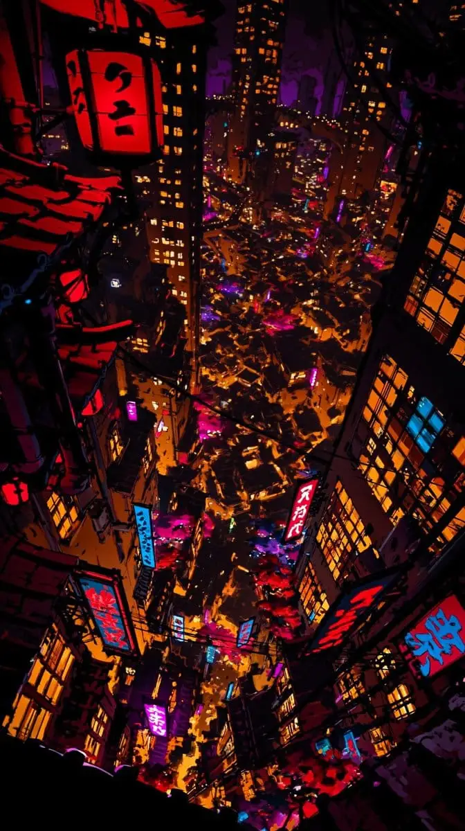 超现实霓虹日本大都市俯瞰图 | 赛博朋克城市插画Prompt