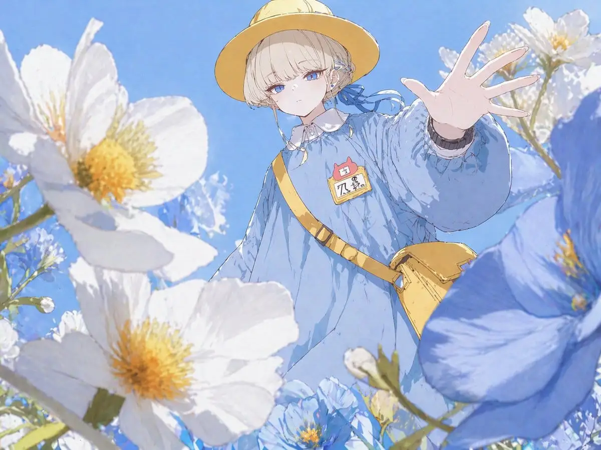 动漫少女花丛仰望|梦幻水彩风格插画提示词