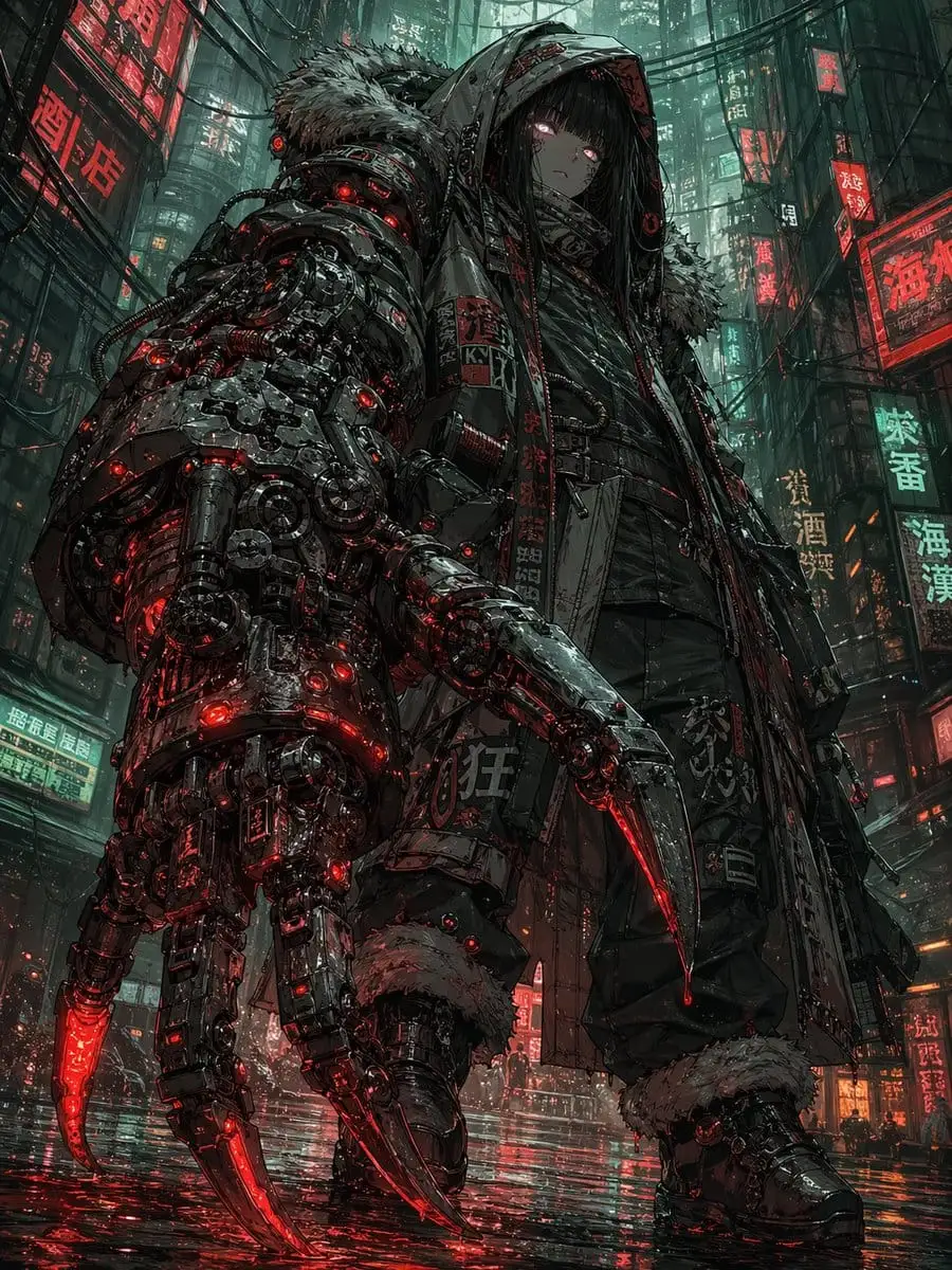 巨型机械爪·赛博朋克少女暗黑插画