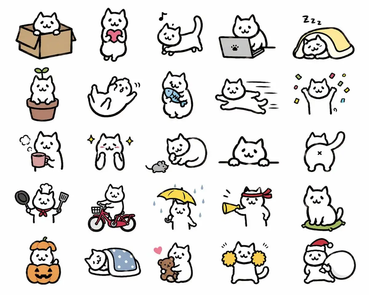 可爱猫咪贴纸集 · 25种LINE风格简约手绘插画