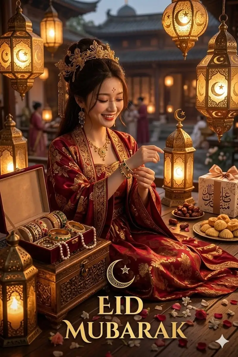红金丝绸·开斋节庆典·电影感人像Prompt