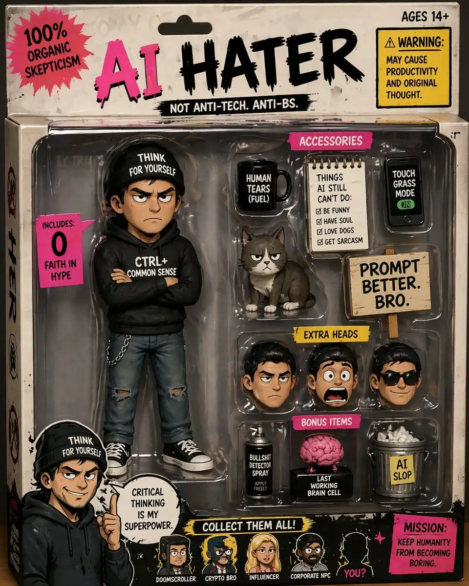 AI HATER 可动人偶:讽刺反AI文化收藏玩具包装设计