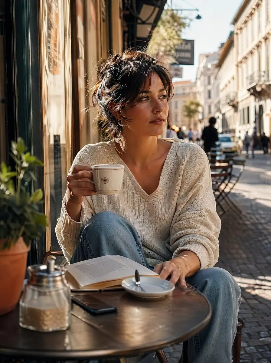 黄金时刻咖啡馆人像 | 电影感街拍提示词