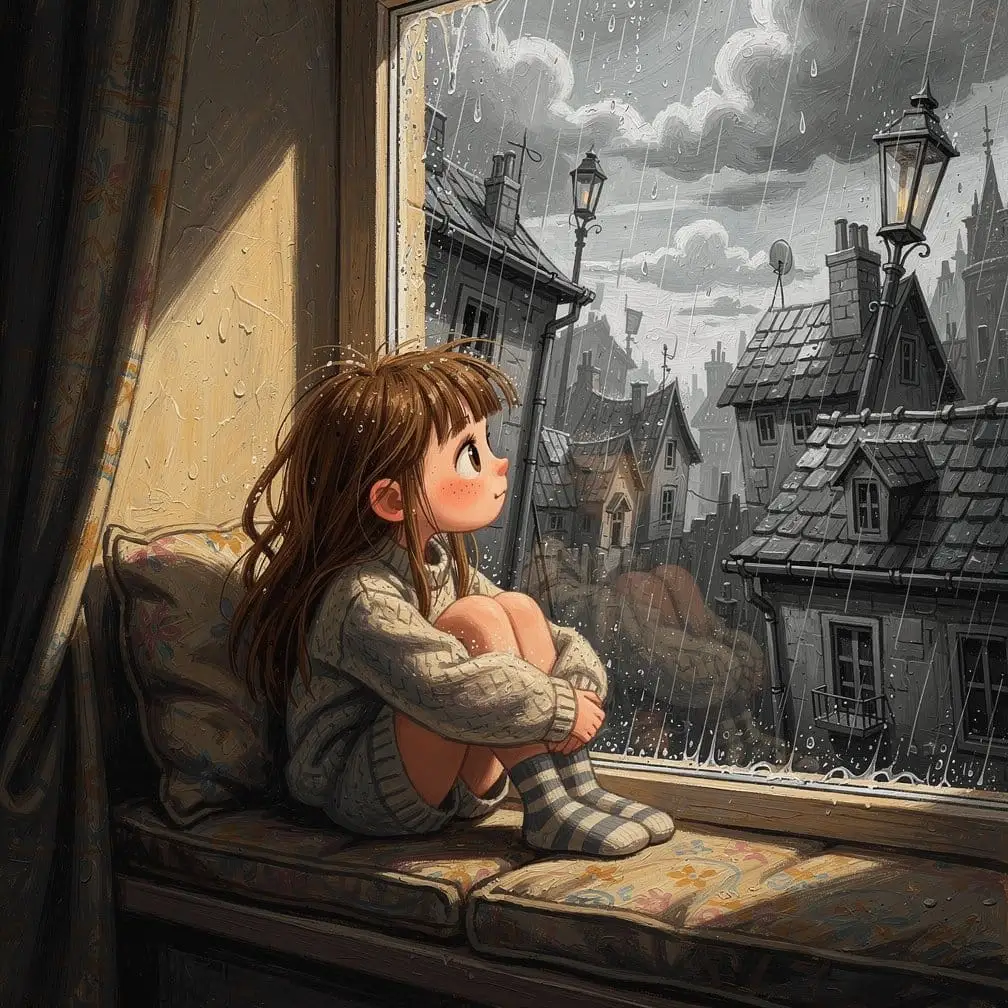 雨中窗边女孩:忧郁绘本风插画提示词