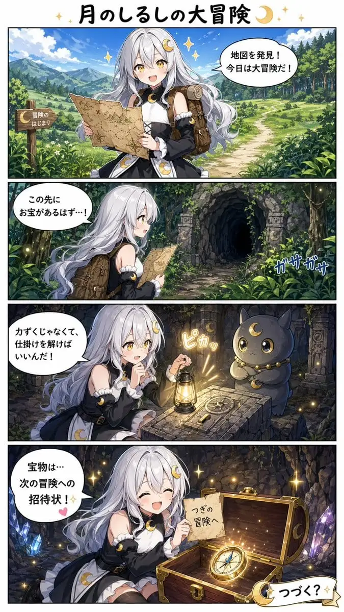 月之印记大冒险|奇幻四格漫画AI生成