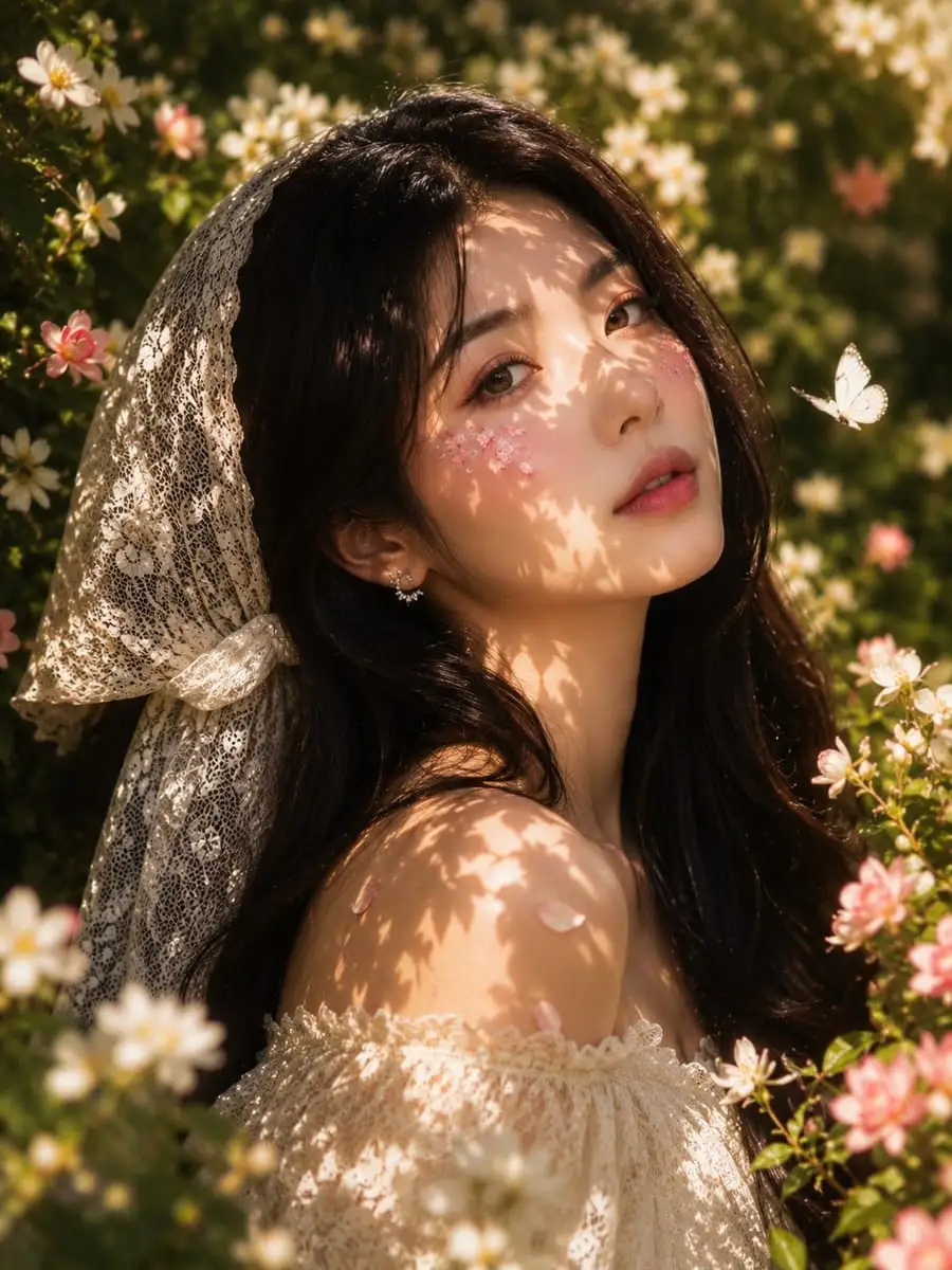 茉莉花丛中的光之女神:蕾丝裙人像摄影提示词