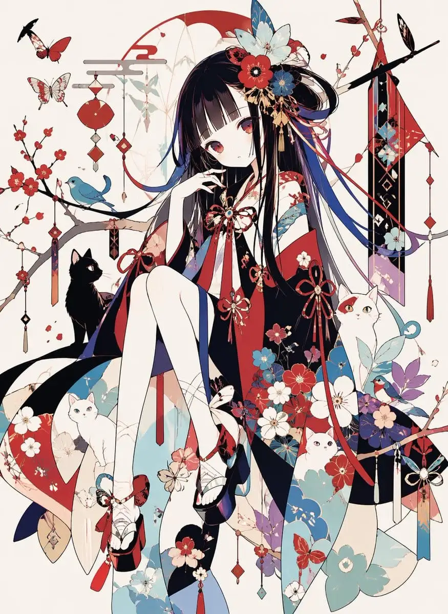 和风装饰感和服少女与猫 | 动漫插画Prompt