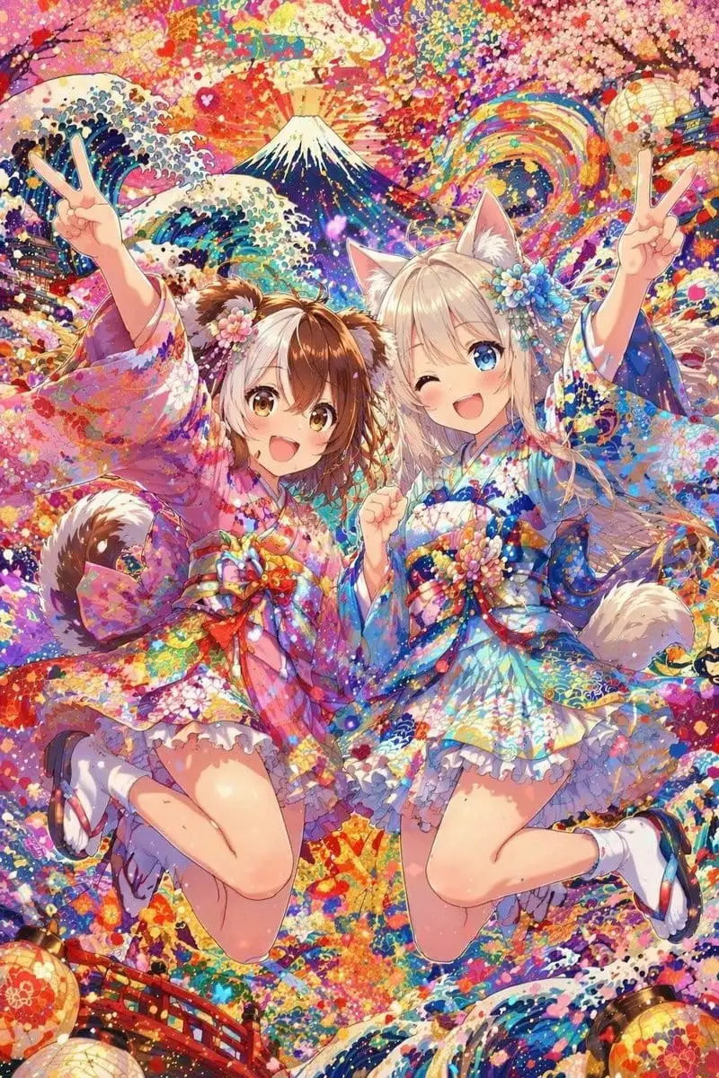 和服兽耳娘祭典:梦幻跳跃插画