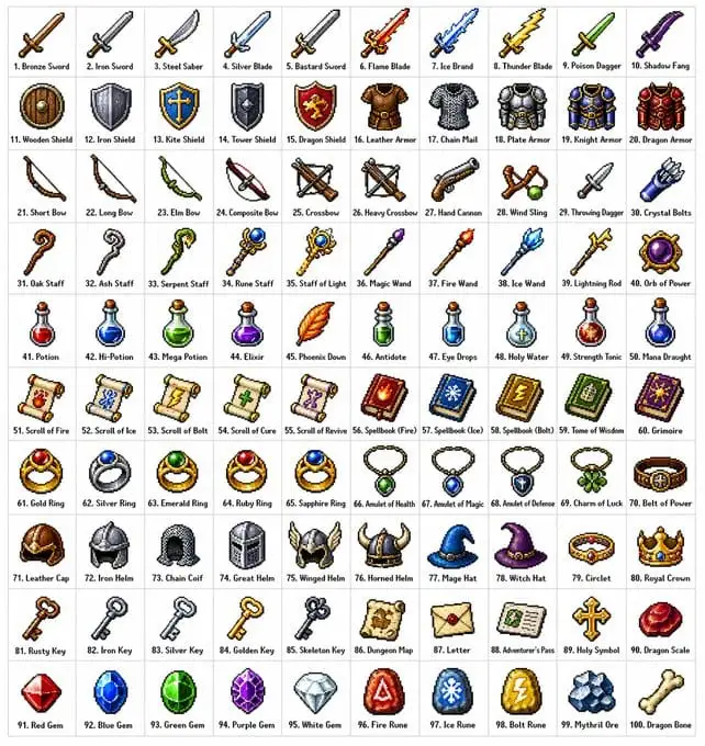 复古RPG物品网格生成器:10x10像素艺术图标库