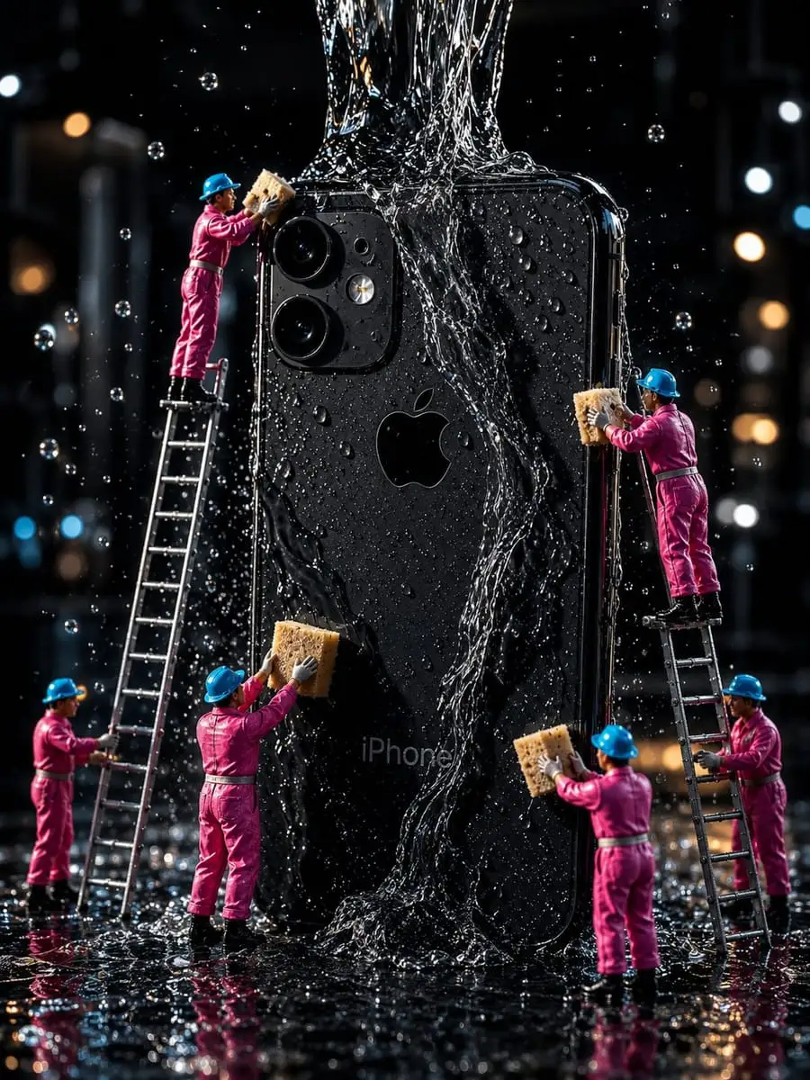 微缩工人清洁黑色iPhone:超写实8K电影级画面