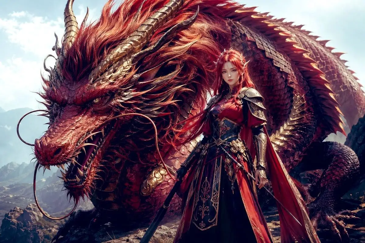龙骑士与赤龙:史诗级奇幻插画提示词