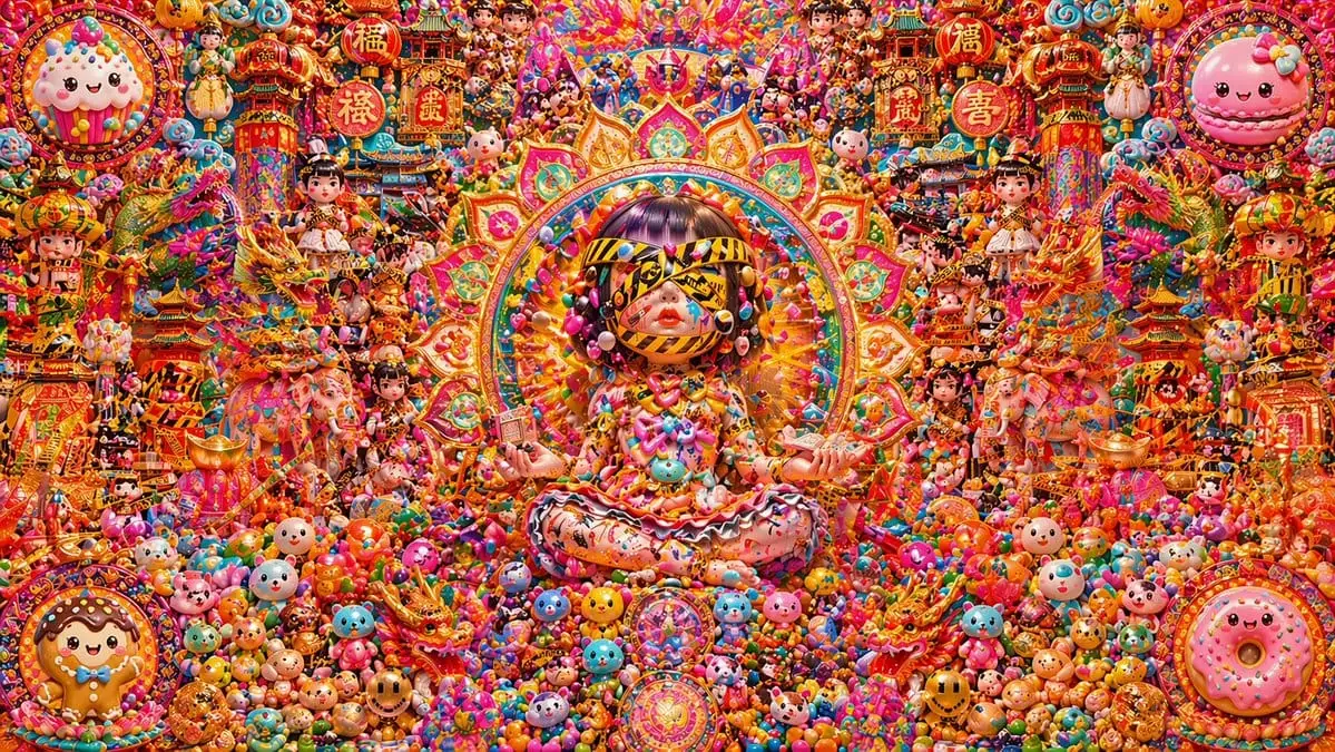 糖果风农历新年神龛:极繁对称插画